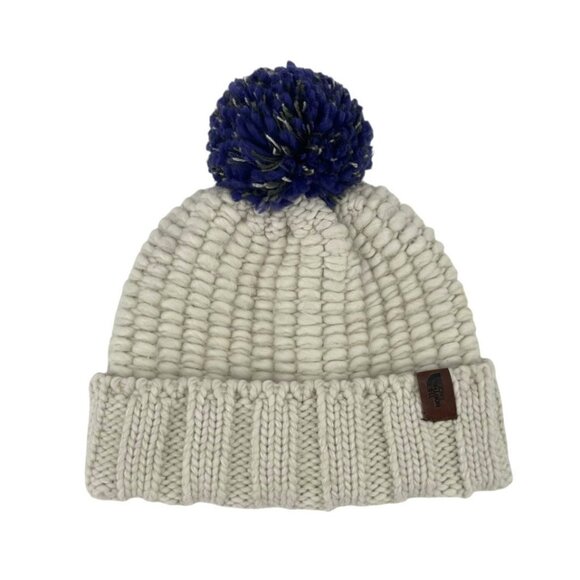 North Face Tufted Beanie Chunky Knit Cap One Size Fitted Pom Pom Oatmeal Purple - Picture 4 of 6